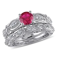 Julianna B 10K White Gold Created Ruby Created White Sapphire Diamond Bridal Set