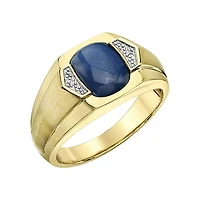 10K Yellow Gold Created Blue Star Sapphire and Diamond Men's Ring