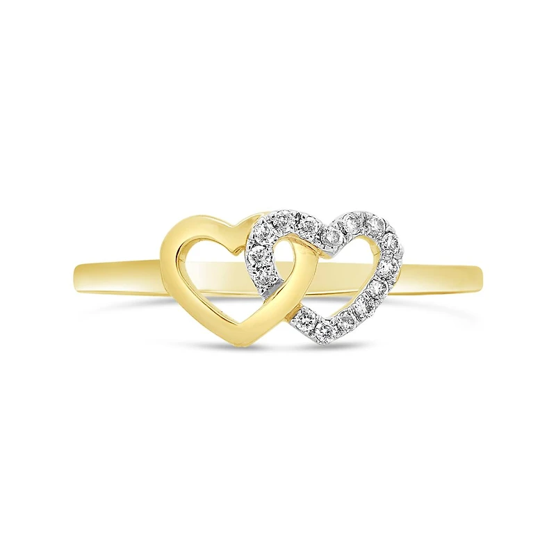 10K Yellow Gold Diamond Double Heart Promise Ring