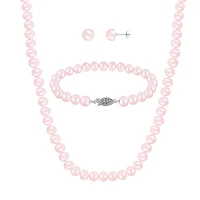Sterling Silver 7-8mm Pink Freshwater Pearl Bracelet Earrings and Necklace Set