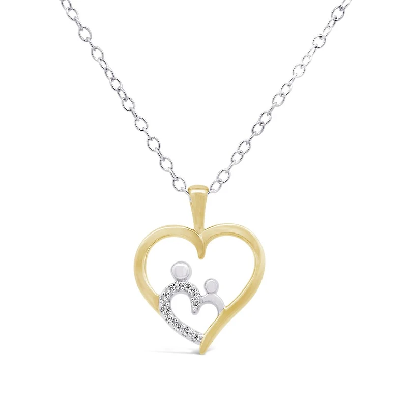 Sterling Silver Yellow Gold Plated Diamond Heart Mom and Child Pendant