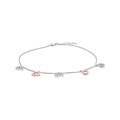 Sterling Silver and 10K Rose Gold Diamond Heart Ankle Bracelet