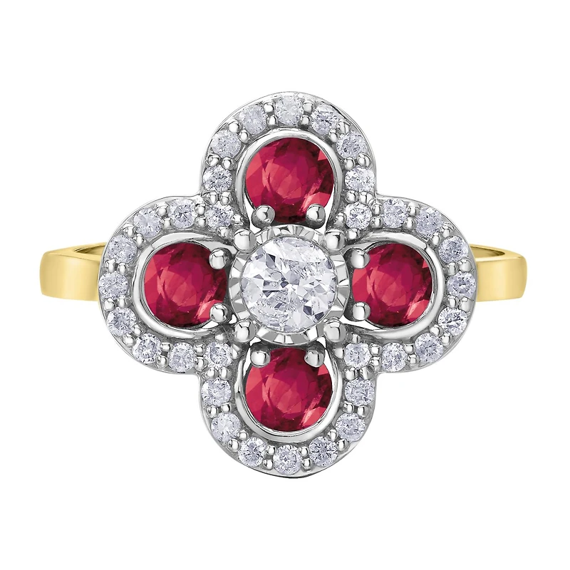10K Yellow & White Gold Ruby and Canadian Diamond Cluster Ring