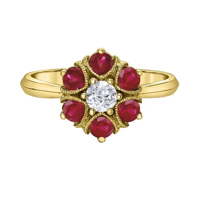 10K Yellow Gold Ruby & Canadian Diamond Cluster Ring