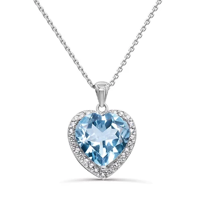 Sterling Silver Blue Topaz & White Topaz Heart 18" Pendant