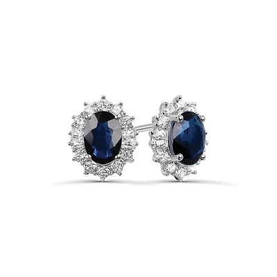 Sterling Silver Blue Sapphire & White Zircon Halo Earrings