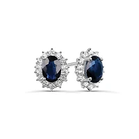 Sterling Silver Blue Sapphire & White Zircon Halo Earrings