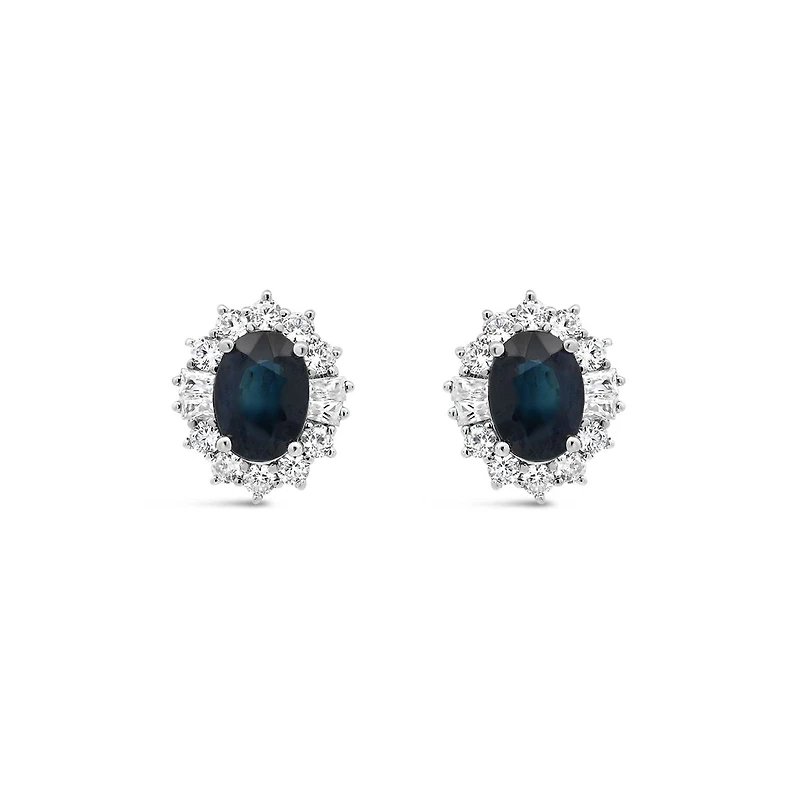 Sterling Silver Blue Sapphire & White Zircon Halo Earrings