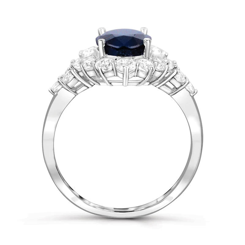 Sterling Silver Blue Sapphire & White Zircon Halo Ring