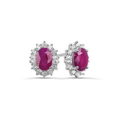 Sterling Silver Ruby & White Zircon Halo Earrings