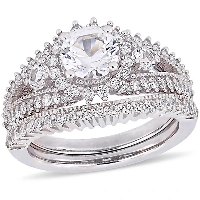 JULIANNA B 10K White Gold Created Sapphire & Diamond Bridal Set