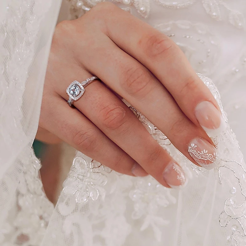 JULIANNA B Sterling Silver Aquamarine & Diamond Halo Ring