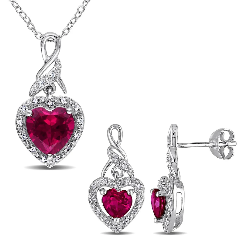 Julianna B Sterling Silver Created Ruby & Diamond Earring and 18" Pendant Set