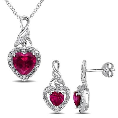Julianna B Sterling Silver Created Ruby & Diamond Earring and 18" Pendant Set