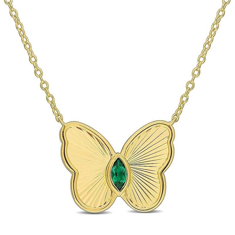 Julianna B Yellow Plated Sterling Silver Created Emerald Butterfly 17" Pendant