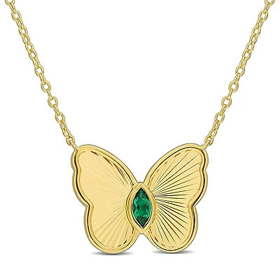 Julianna B Yellow Plated Sterling Silver Created Emerald Butterfly 17" Pendant
