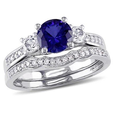 JULIANNA B 10K White Gold Created Sapphire & Diamond Bridal Set