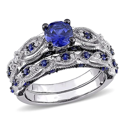 Julianna B 10K White Gold Created Sapphire & Diamond Bridal Set
