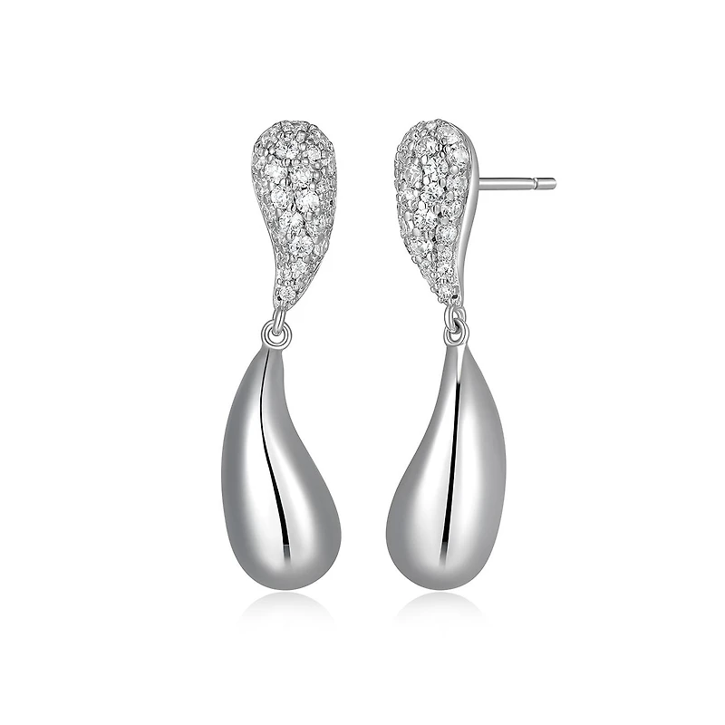 ELLE "Raindrop" Rhodium Plated Cubic Zirconia & Polish Drop Stud Earrings
