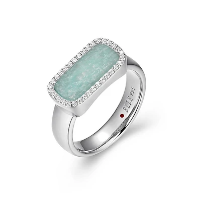 ELLE "Allure" Rhodium Plated Amazonite & Cubic Zirconia Halo Ring