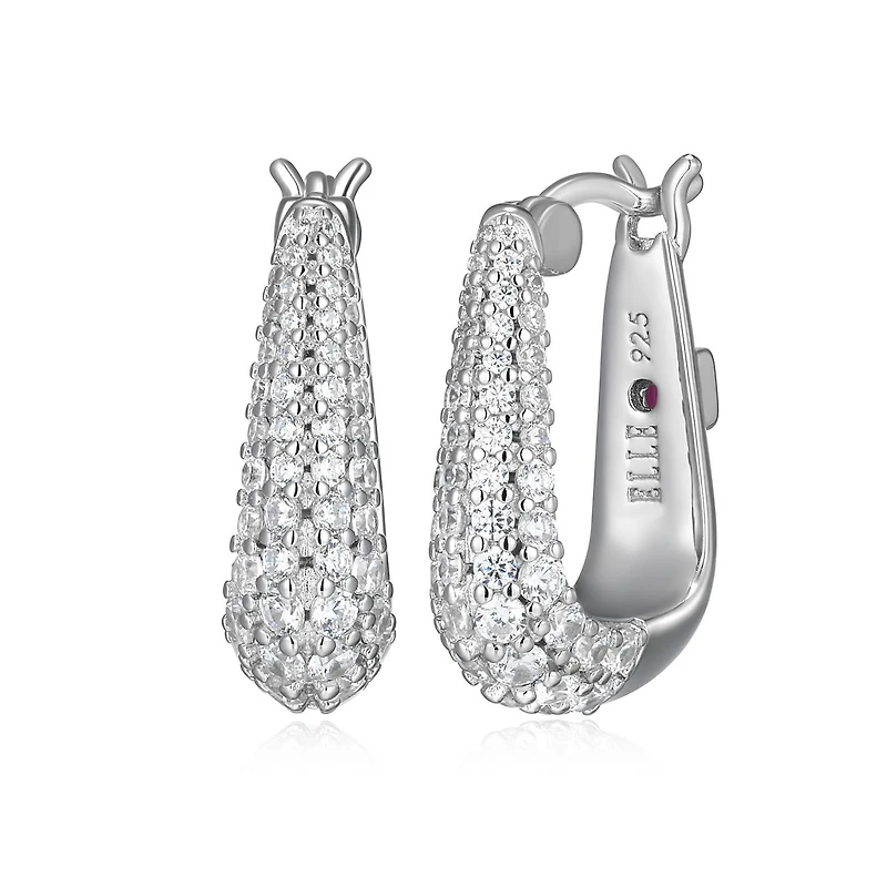 ELLE "Citadel" Rhodium Plated Cubic Zirconia Oblong Shape Hoop Earrings