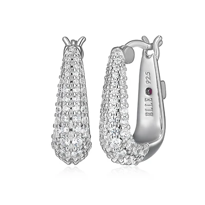 ELLE "Citadel" Rhodium Plated Cubic Zirconia Oblong Shape Hoop Earrings
