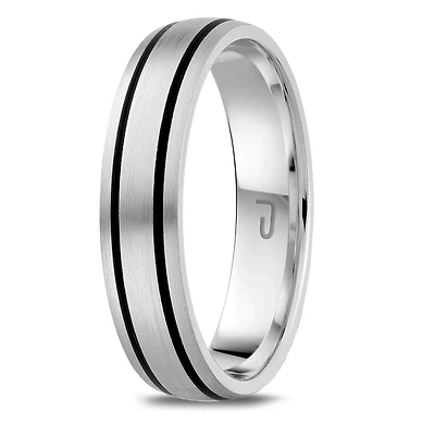 10K White Gold 5Mm Carved Band With Black Enamel