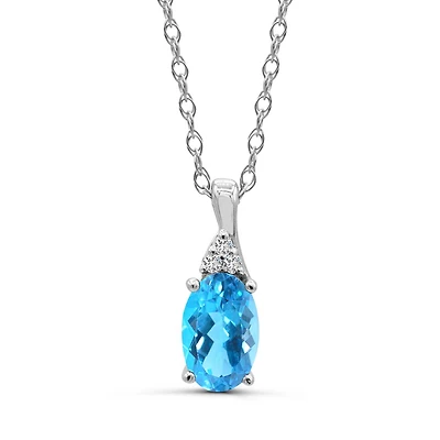 10K White Gold Blue Topaz & Diamond 18" Pendant