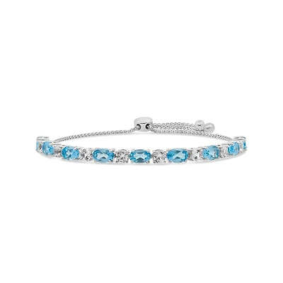 Sterling Silver Blue Topaz & Created White Sapphire Adjustable Bracelet