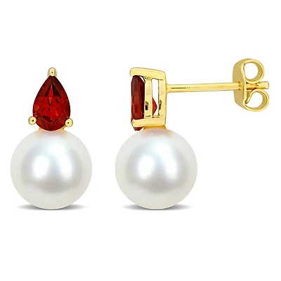 Julianna B Yellow Plated Sterling Silver Garnet & 8.5-9MM Pearl Earrings