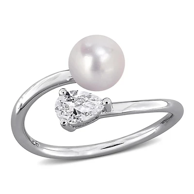 Julianna B Sterling Silver Created White Sapphire & 6-6.5MM Pearl Ring