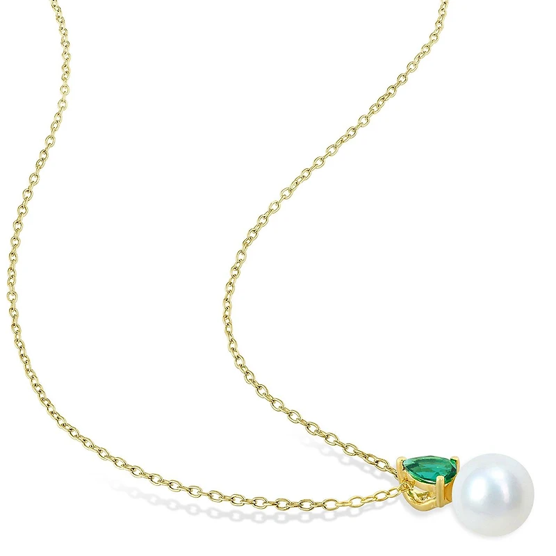 Julianna B Yellow Plated Sterling Silver Created Emerald & 8.5-9MM Pearl Pendant