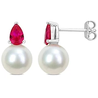 Julianna B Sterling Silver Created Ruby & 8.5-9MM Pearl Earrings