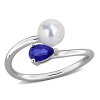 Julianna B Sterling Silver Created Blue Sapphire & 6-6.5MM Pearl Ring