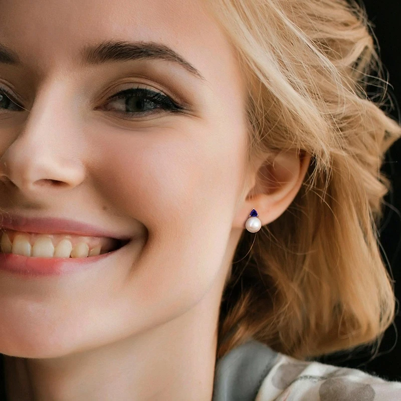 Julianna B 10K White Gold Created Blue Sapphire & 8-8.5MM Pearl Earrings