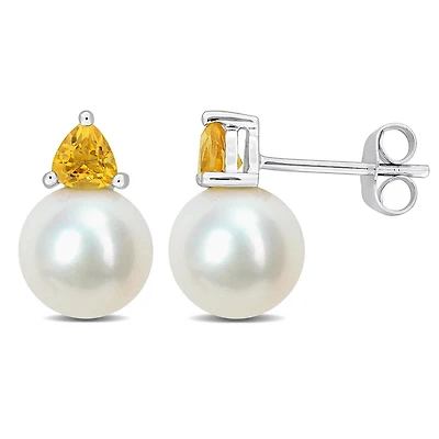 Julianna B 10K White Gold Citrine & 8-8.5MM Pearl Earrings