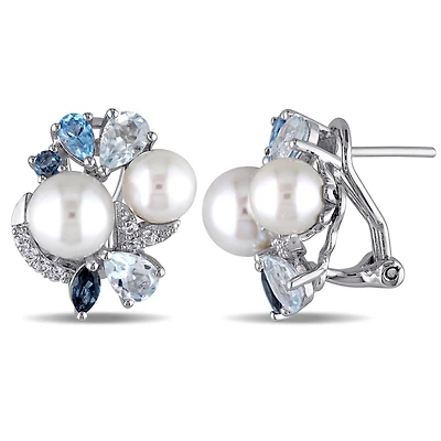 Julianna B Sterling Silver Pearl Created Sapphire Blue & White Topaz Earrings