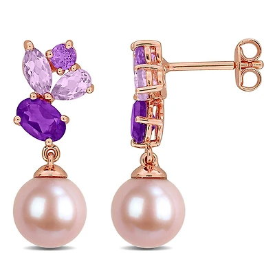 Julianna B Pink Plated Sterling Silver 8-8.5Mm Pink Pearl & Amethyst Earrings