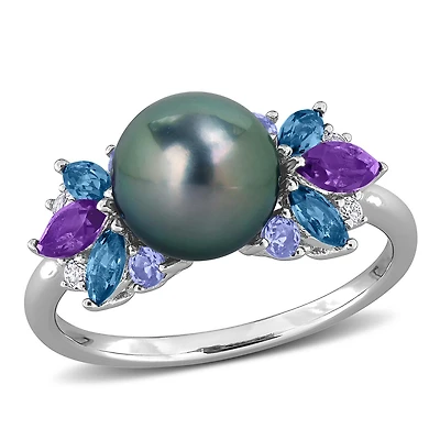 Julianna B Sterling Silver Tahitian Pearl, Amethyst, Tanzanite, & Topaz Ring