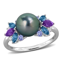Julianna B Sterling Silver Tahitian Pearl, Amethyst, Tanzanite, & Topaz Ring