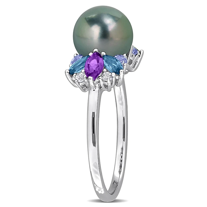Julianna B Sterling Silver Tahitian Pearl, Amethyst, Tanzanite, & Topaz Ring