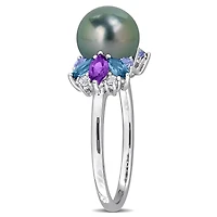Julianna B Sterling Silver Tahitian Pearl, Amethyst, Tanzanite, & Topaz Ring