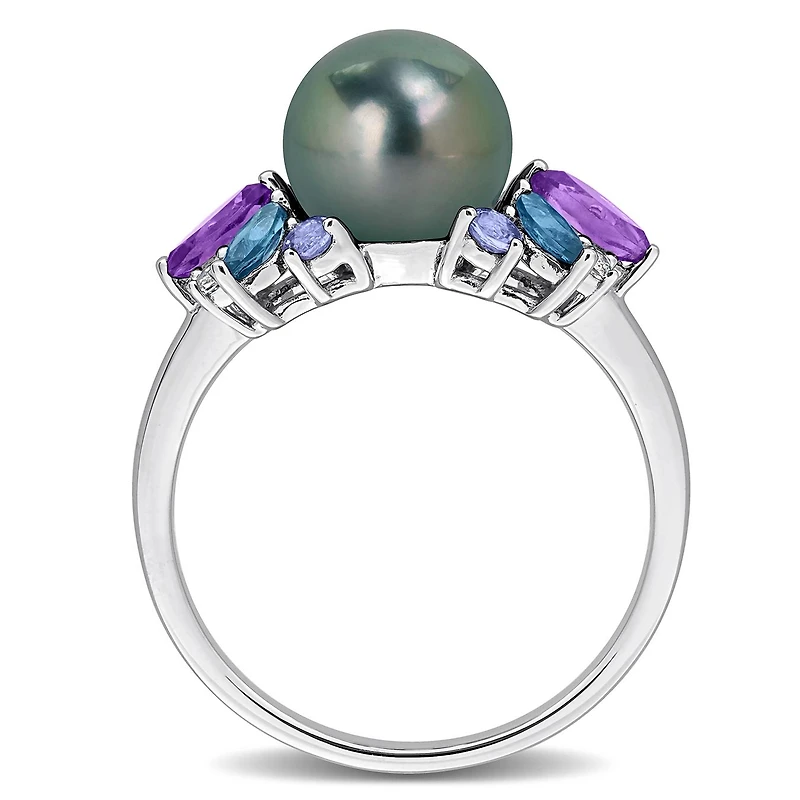 Julianna B Sterling Silver Tahitian Pearl, Amethyst, Tanzanite, & Topaz Ring