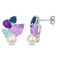 Julianna B Sterling Silver 7-7.5Mm Pearl, Multi Gemstone & Diamond Earrings