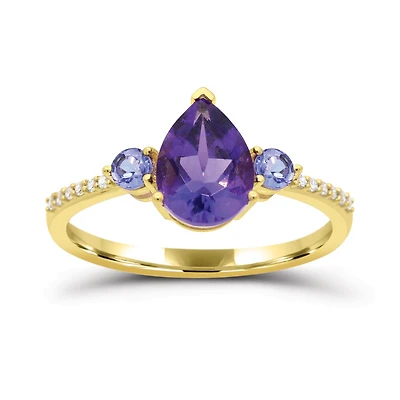 10K Yellow Gold Amethyst, Tanzanite & Diamond Ring