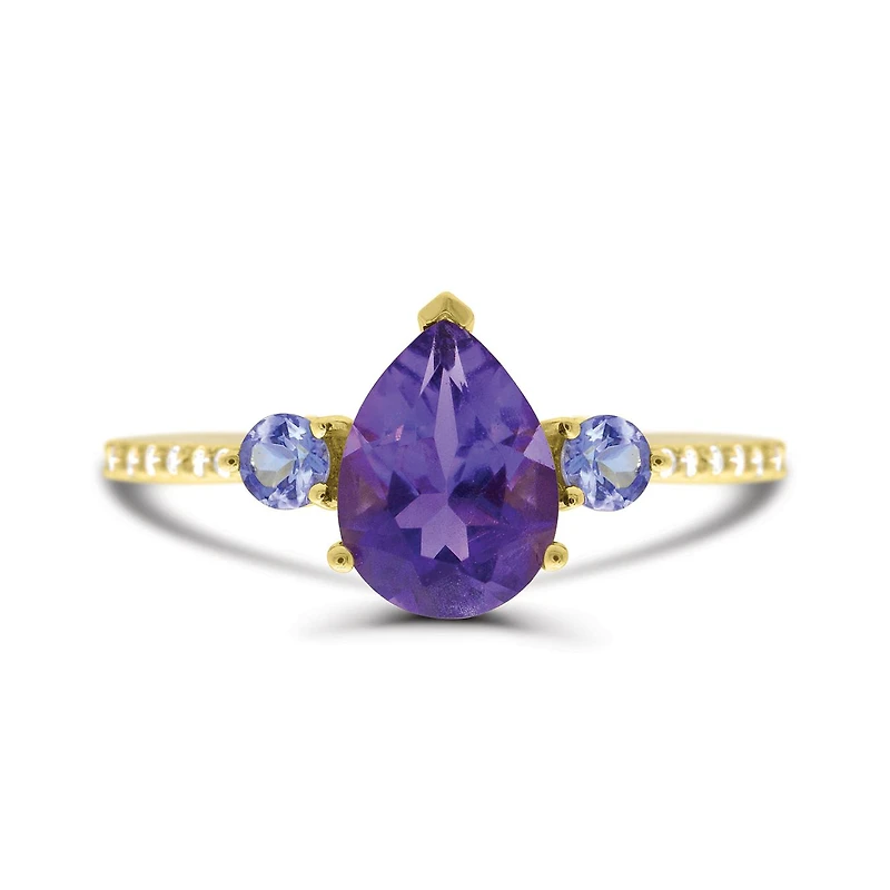 10K Yellow Gold Amethyst, Tanzanite & Diamond Ring