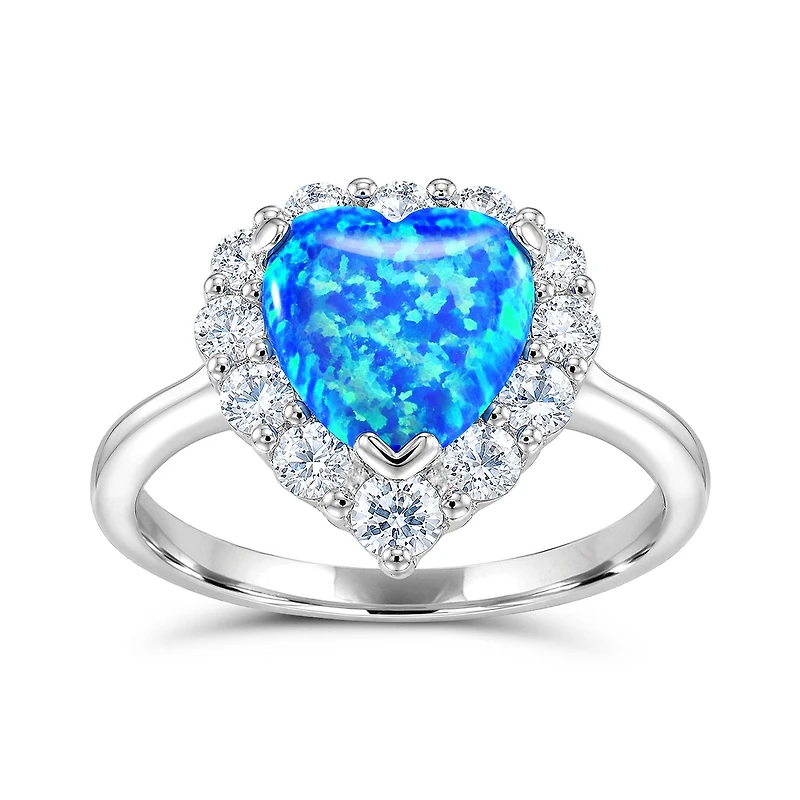 Sterling Silver Created Blue Opal & Created White Sapphire Heart Ring