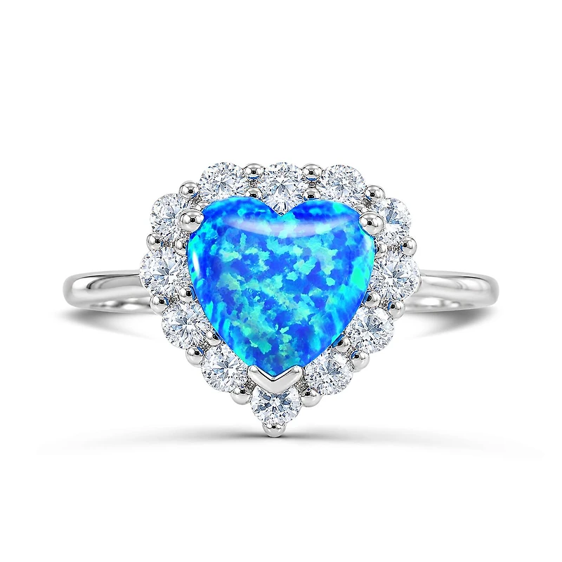 Sterling Silver Created Blue Opal & Created White Sapphire Heart Ring