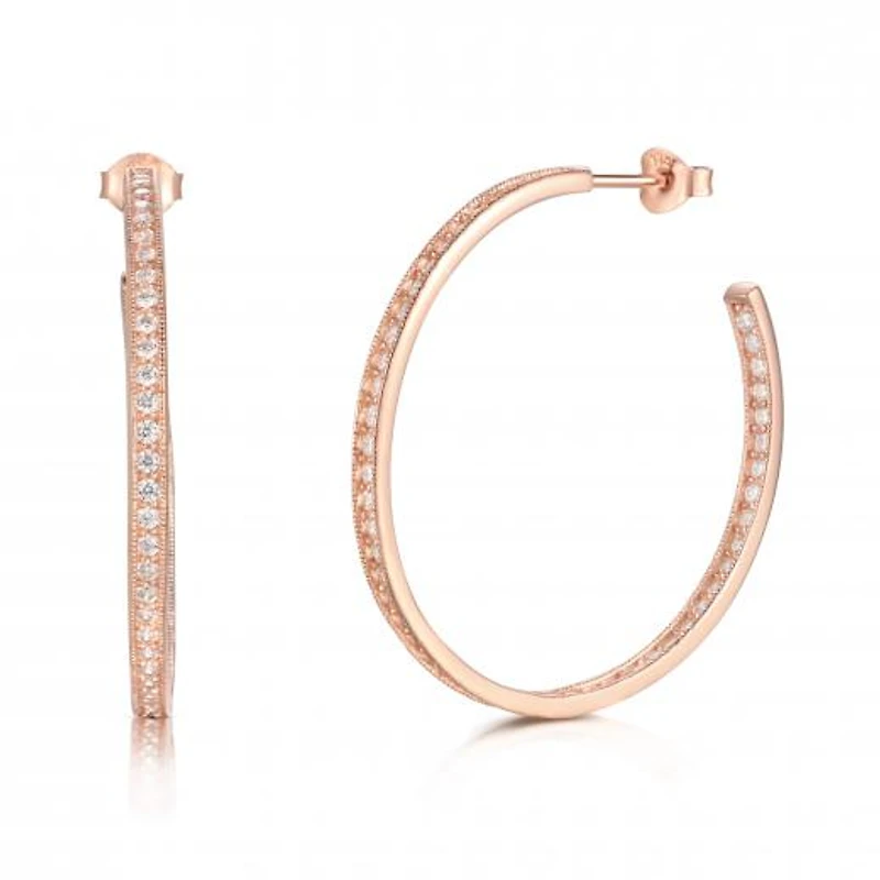 Sterling Silver Rose Plated Cubic Zirconia Inside/Outside Hoop Earrings