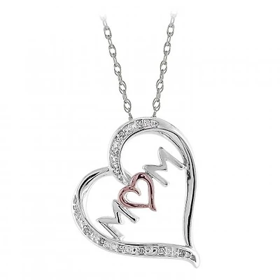 Sterling Silver & Rose Gold Diamond Mom Heart Pendant